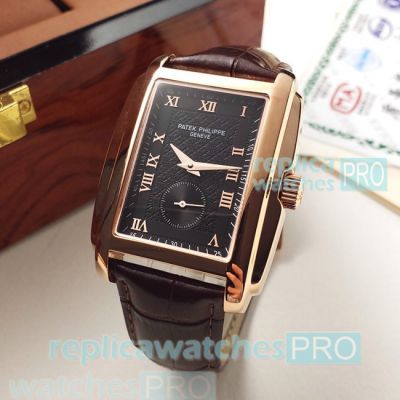 Patek Philippe Gondolo Copy Watch Rose Gold Bezel Brown Leather Strap